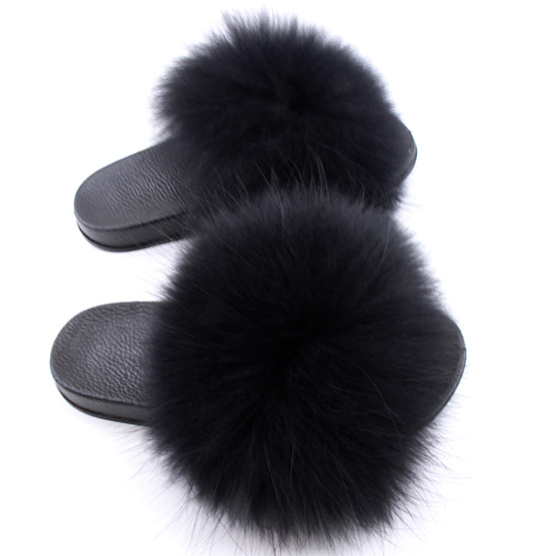 Black Faux Raccoon Fur Slides Fur Slippers Fuzzy Furry Fur Sandals