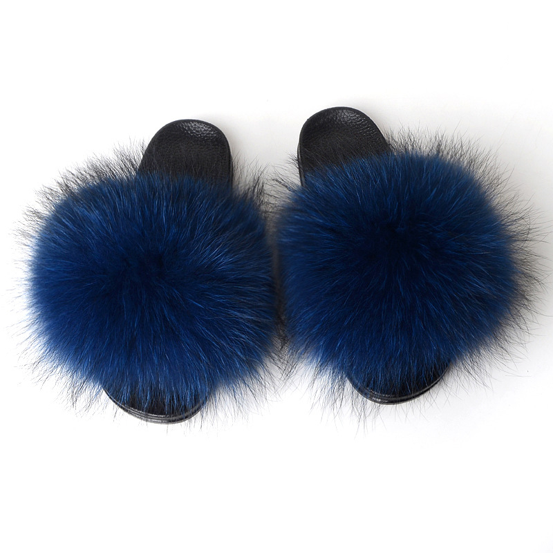 Blue Faux Raccoon Fur Slides Furry Fur Sandals