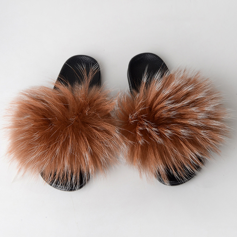 Brown White Faux Raccoon Fur Slides Fox Fur Sliders Furry Fur Sandals