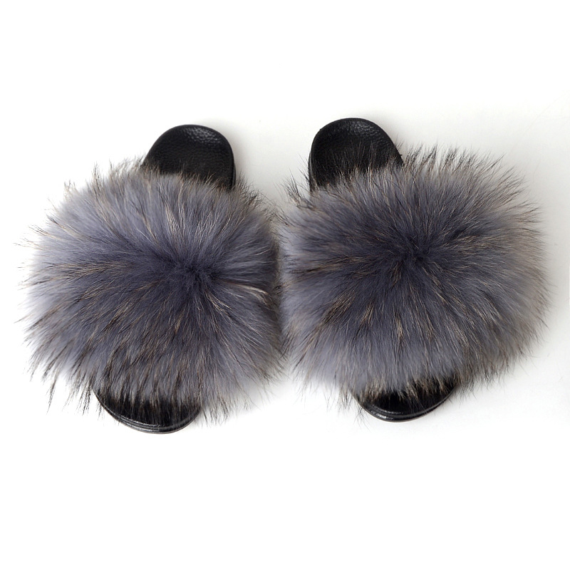 Gray Faux Raccoon Fur Slides Fox Fur Sliders Furry Fur Sandals