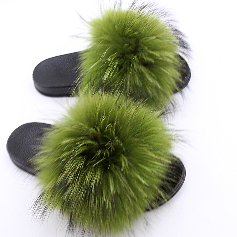 Green Faux White Raccoon Fur Slides Fur Slippers Furry Fuzzy Sandals