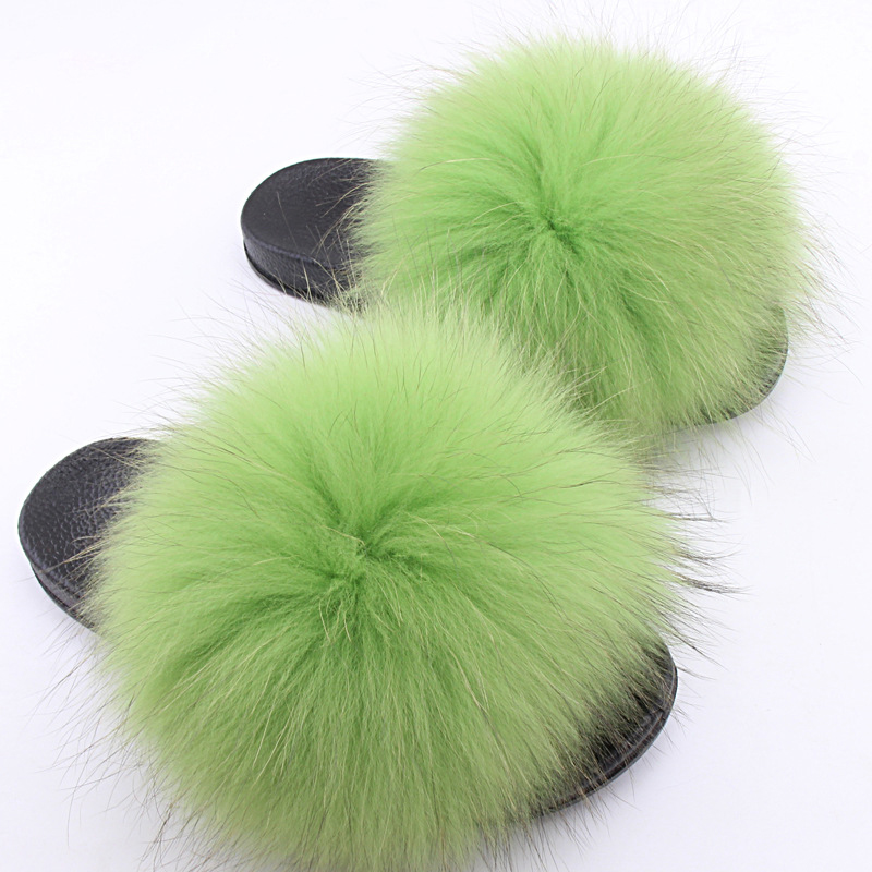 Green light Faux White Raccoon Fur Slides Fur Slippers Furry Fuzzy Sandals