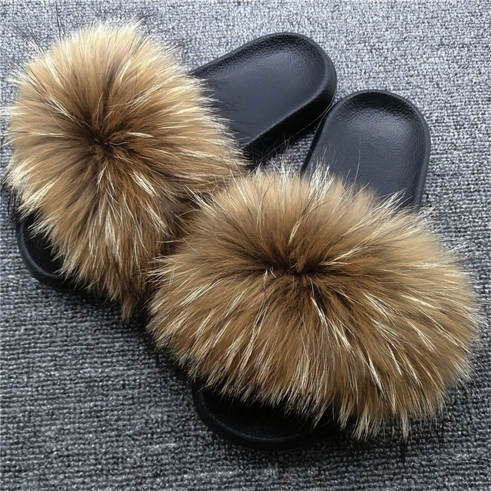 Faux Raccoon Fur Slides Fluffy Racoon Fur Sandals