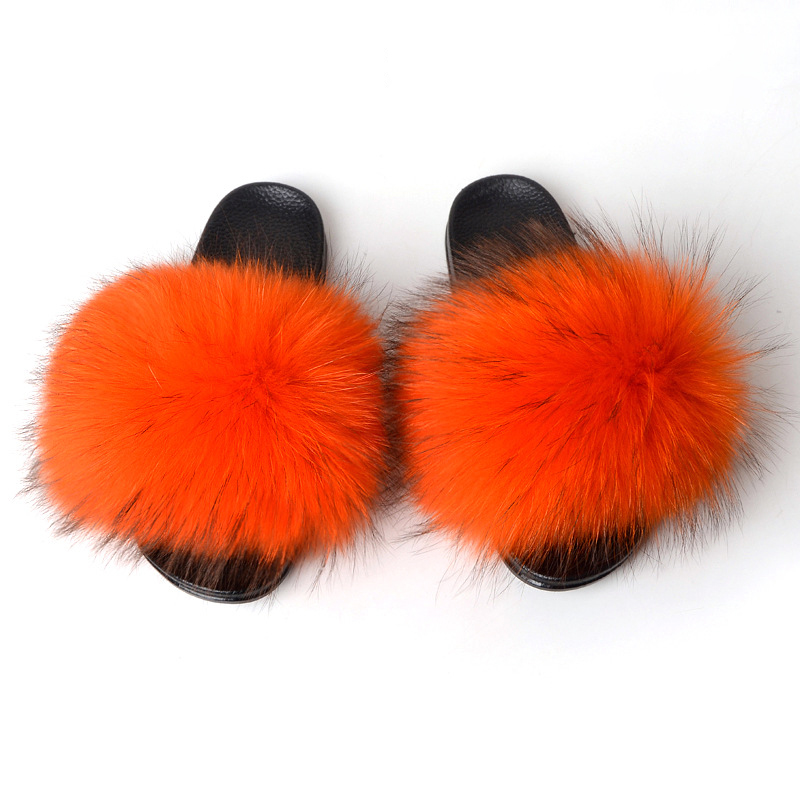 Orange faux Raccoon Fur Slides Fox Fur Sliders Furry Fur Sandals