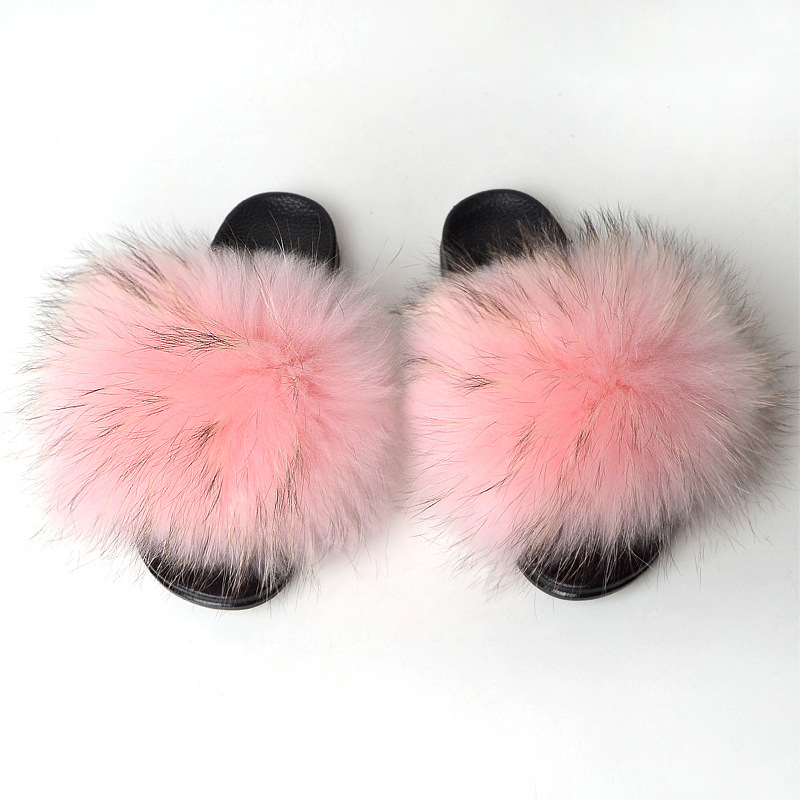 Pink faux Raccoon Fur Slides Fox Fur Sliders Furry Fur Sandals