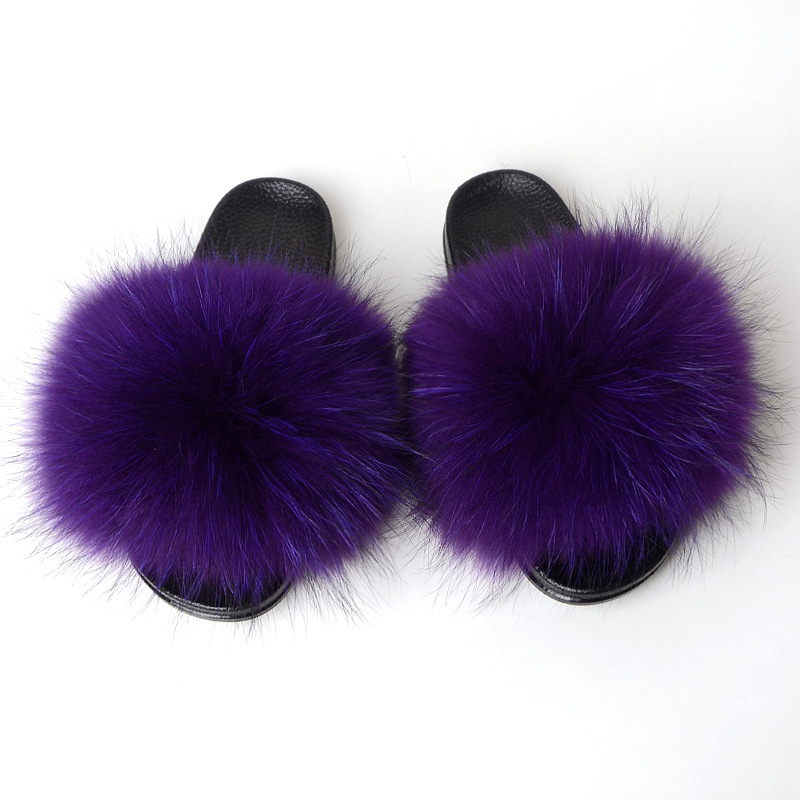 Purple Faux Raccoon Fur Slides Fox Fur Slippers Furry Fuzzy Sandals