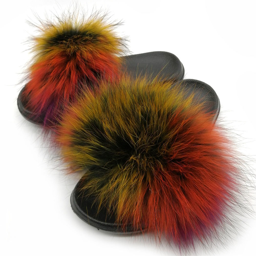 Faux Multicolor Raccoon Fur Slides Fluffy Sliders