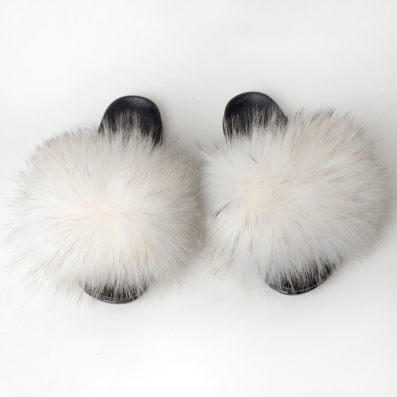 Faux White Racoon Fur Slides Furry Raccoon Fur Sandals