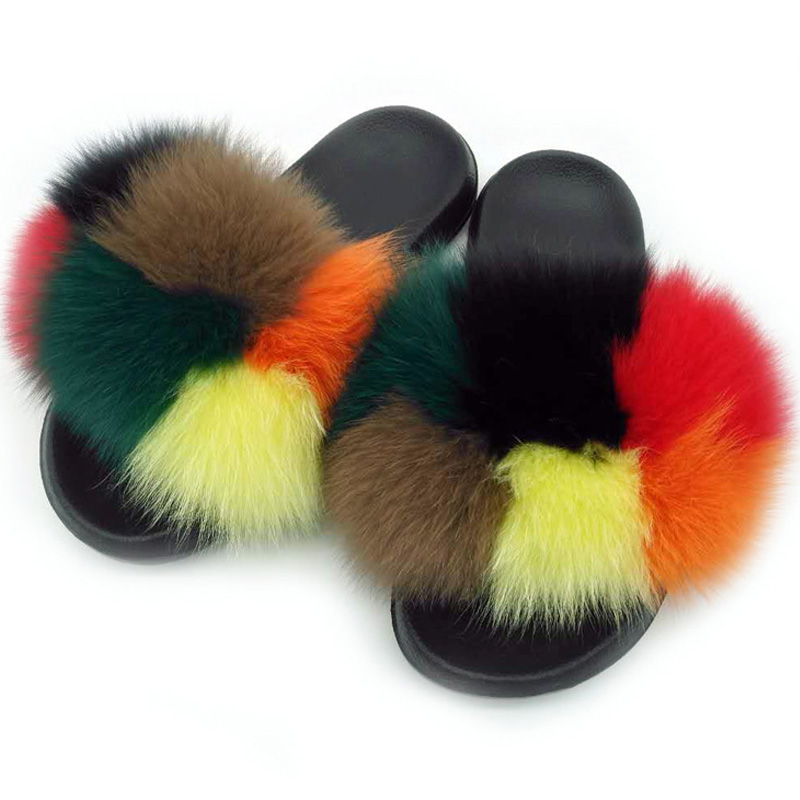 Colorful Fluffy Slides Faux Fox Fur Slides