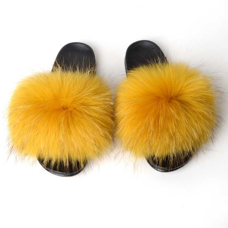 Yellow Faux Raccoon Fur Slides Fur Sliders Furry Fluffy Sandals