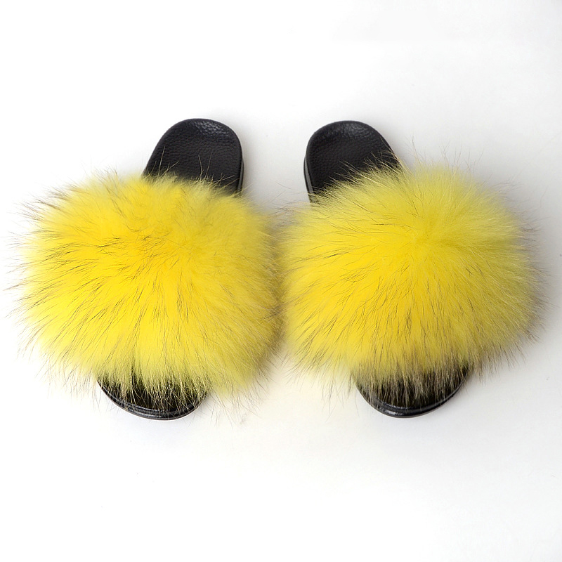 Yellow light Faux Raccoon Fur Slides Fur Slippers Furry Fluffy Sandals