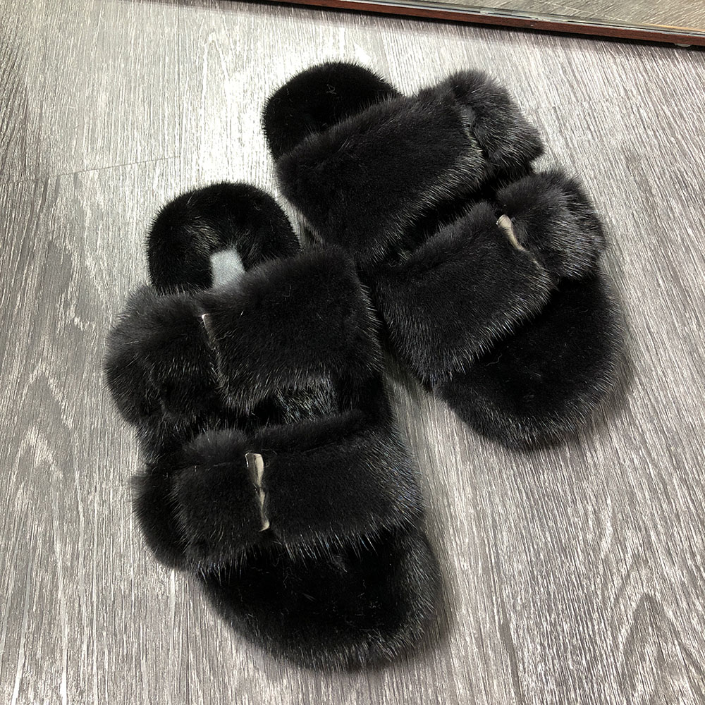 women faux black mink fur sandals slippers slide ladies furry slides