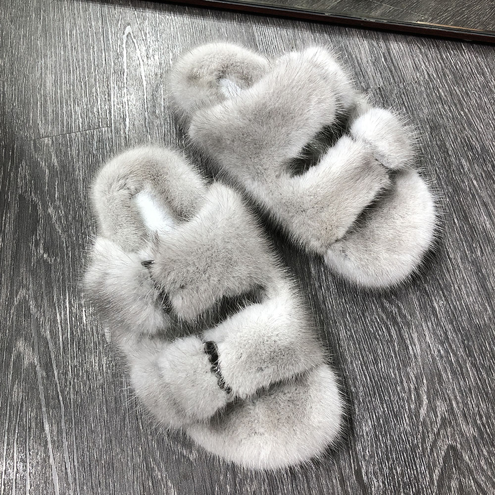 women faux grey mink fur sandals slippers slide ladies furry slides