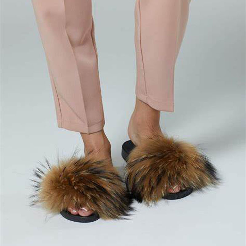 Faux Raccoon Fur Slides